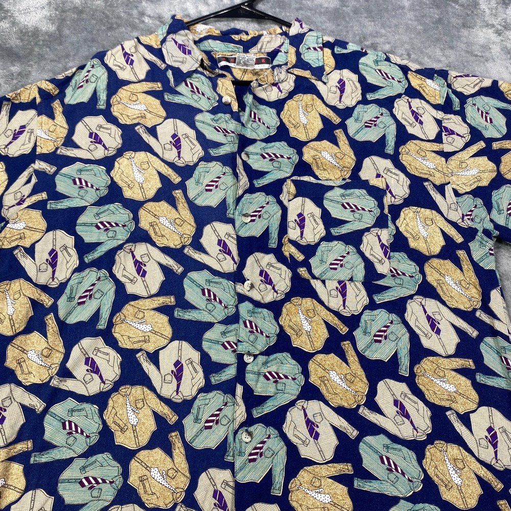 Vintage Baxter Shirt Mens XL Blue All Over Print Ties Soft Rayon Button Down